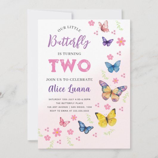 女の子かわいいピンク紫色の蝶の子供たち2nd誕生日 招待状 (正面)