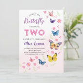 女の子かわいいピンク紫色の蝶の子供たち2nd誕生日 招待状 (スタンド正面)