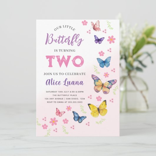 女の子かわいいピンク紫色の蝶の子供たち2nd誕生日 招待状 (スタンド正面)