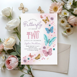 女の子かわいいピンク紫色の蝶の子供たち2nd誕生日 招待状