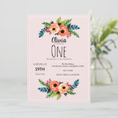 女の子かわいいピンク1stバースデーウォーターカラー花 招待状 (スタンド正面)