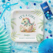 女の子かわいいピンクdino恐竜の赤ちゃんシャワー ペーパープレート (パーティー)