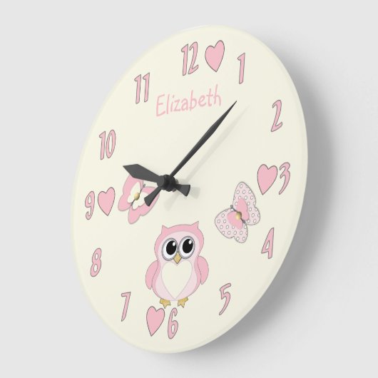 女の子かわいいフクロウピンクと名前のクリーム ラージ壁時計 (傾斜)