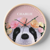 女の子かわいいフローラパンダのクマパーソナライズされた時計 壁時計 (正面)