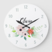 女の子かわいいフローラ水の色の花と名前キッズ ラージ壁時計 (正面)