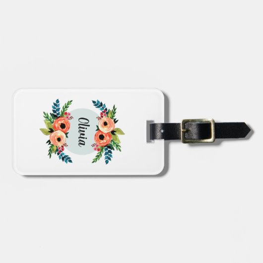 女の子かわいいフローラ水色の花と名前の子供 ラゲッジタグ (正面横)