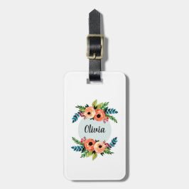 女の子かわいいフローラ水色の花と名前の子供 ラゲッジタグ