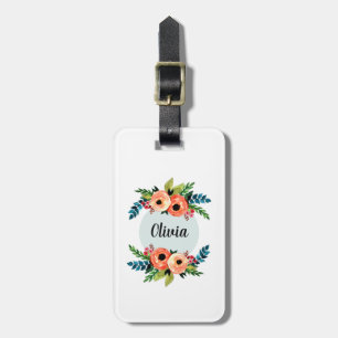 女の子かわいいフローラ水色の花と名前の子供 ラゲッジタグ