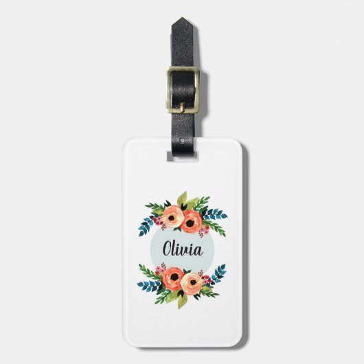 女の子かわいいフローラ水色の花と名前の子供 ラゲッジタグ (正面縦)