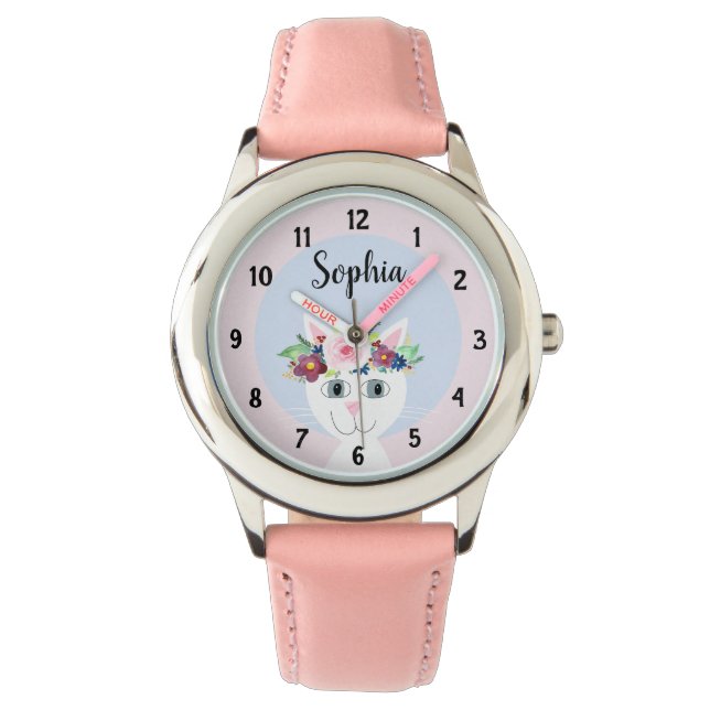 女の子かわいいフローラ猫漫画&ネームキッズ 腕時計 (正面)