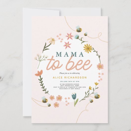 女の子かわいいママbeeワイルドフラワー赤ちゃんシャワー 招待状 (正面)