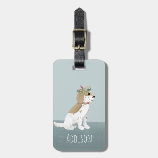 女の子かわいい子犬の漫画の花の子供 ラゲッジタグ (正面縦)