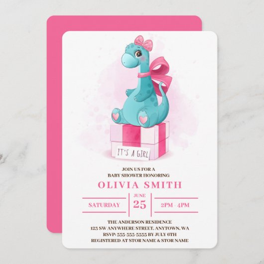 女の子かわいい恐竜の赤ちゃんシャワー 招待状 (正面/裏面)