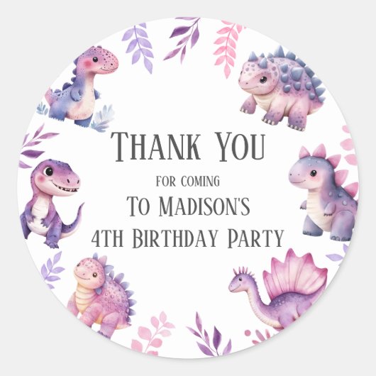 女の子かわいい恐竜をテーマにした誕生日パーティーステッカー ラウンドシール (正面)