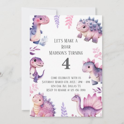 女の子かわいい恐竜をテーマにした誕生日パーティー 招待状 (正面)
