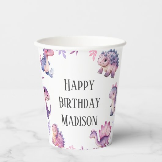 女の子かわいい恐竜をテーマにした誕生日パーティー 紙コップ (正面)