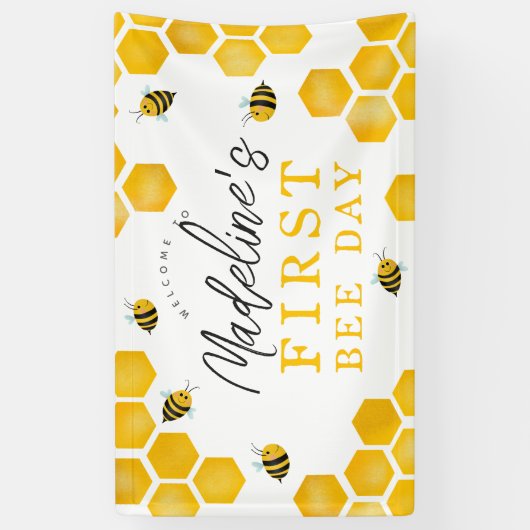 女の子かわいい最初の蜂の日1st誕生日へようこそ 横断幕 (縦)
