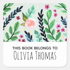 女の子かわいい水の色の花キッズ蔵書票 スクエアシール
