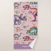 女の子かわいい水彩恐竜&ネームキッズ バスタオル (バスタオル)