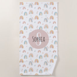 女の子かわいい水色レインボーパターンキッズボホ ビーチタオル