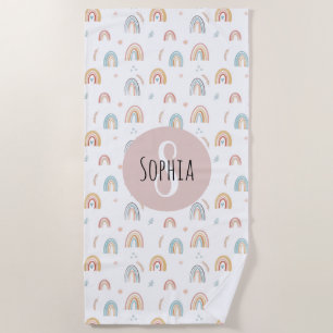 女の子かわいい水色レインボーパターンキッズボホ ビーチタオル