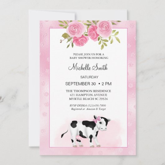 女の子かわいい牛のプリントとフローラベビーシャワー 招待状 (正面)