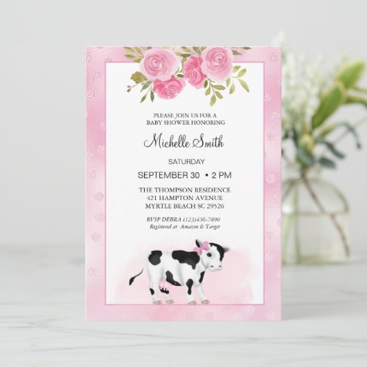 女の子かわいい牛のプリントとフローラベビーシャワー 招待状 (スタンド正面)
