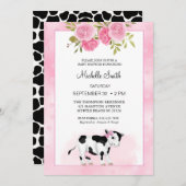 女の子かわいい牛のプリントとフローラベビーシャワー 招待状 (正面/裏面)