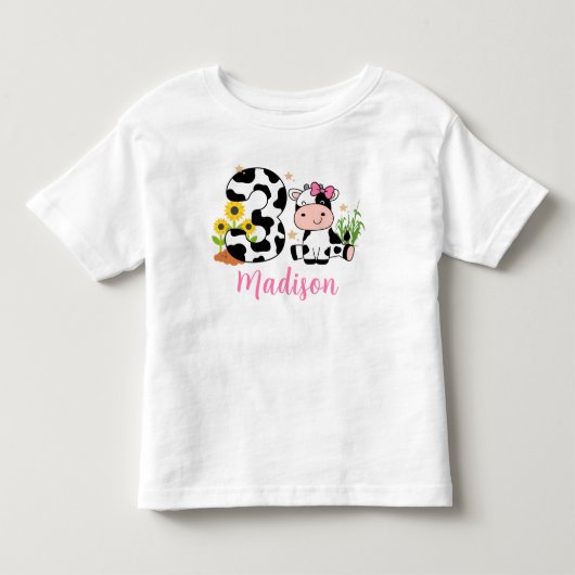 女の子かわいい牛の3歳誕生日 トドラーTシャツ (正面)