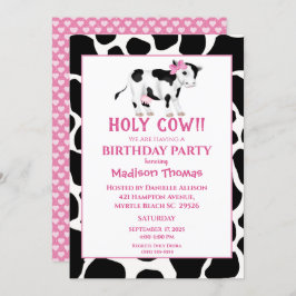 女の子かわいい牛ピンクの誕生日パーティーの招待状 招待状