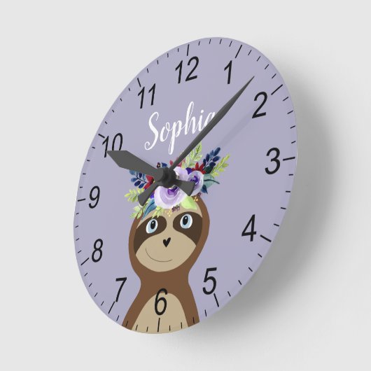 女の子かわいい紫の花ナマケモノと名前キッズ ラウンド壁時計 (傾斜)