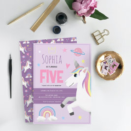 女の子かわいい紫ユニコーンキッズ5th誕生日 招待状