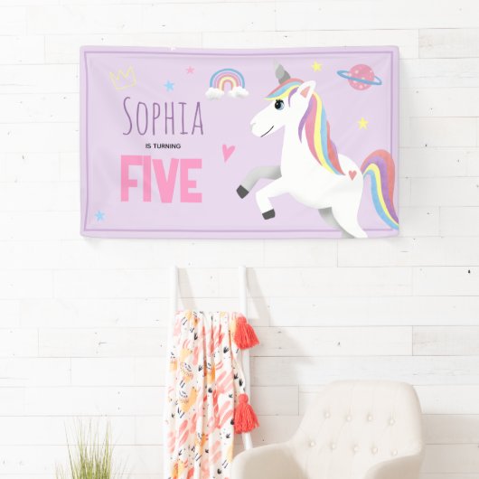 女の子かわいい紫ユニコーン子供たち5th誕生日パーティー 横断幕 (インサイチュ)