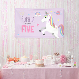 女の子かわいい紫ユニコーン子供たち5th誕生日パーティー 横断幕