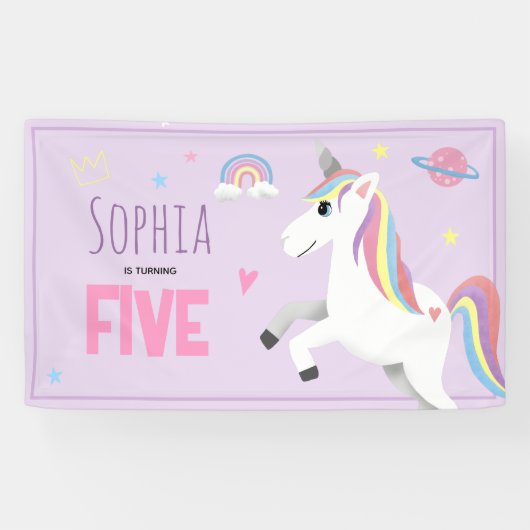 女の子かわいい紫ユニコーン子供たち5th誕生日パーティー 横断幕 (横)