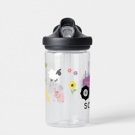 女の子かわいい紫色のトラクターキッズスクール ウォーターボトル (正面)