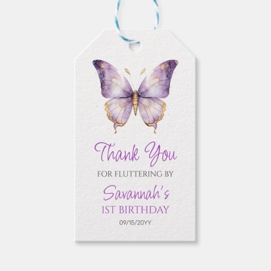 女の子かわいい紫色の蝶1st誕生日パーティー ギフトタグ (正面)
