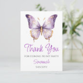 女の子かわいい紫色の蝶1st誕生日パーティー サンキューカード (スタンド正面)