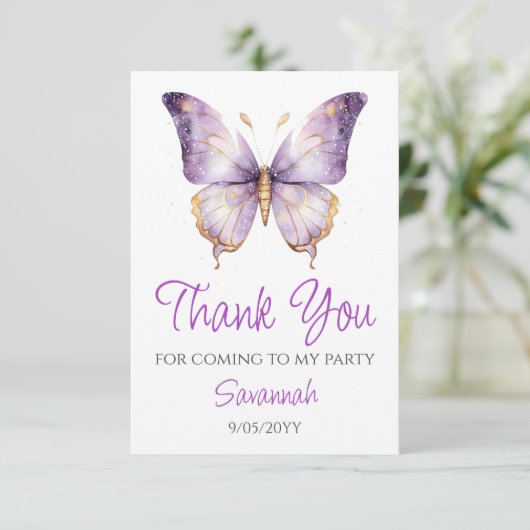 女の子かわいい紫色の蝶1st誕生日パーティー サンキューカード (スタンド正面)