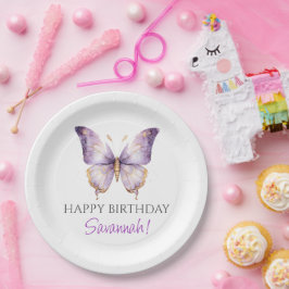 女の子かわいい紫色の蝶1st誕生日パーティー ペーパープレート