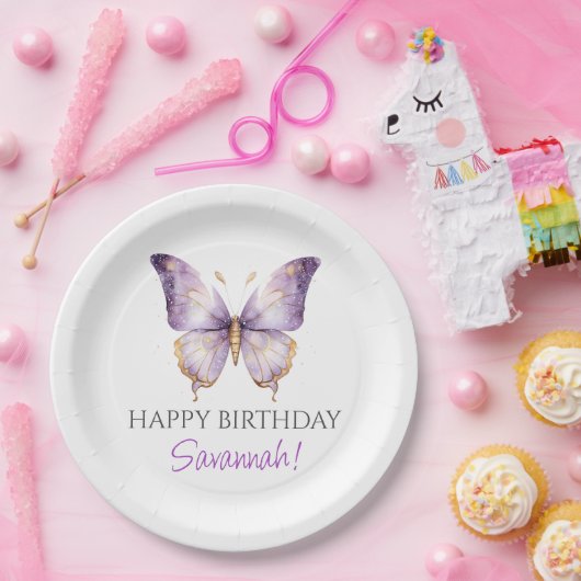 女の子かわいい紫色の蝶1st誕生日パーティー ペーパープレート (パーティー)