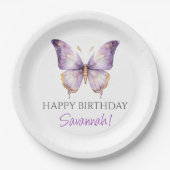 女の子かわいい紫色の蝶1st誕生日パーティー ペーパープレート (正面)