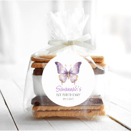 女の子かわいい紫色の蝶1st誕生日パーティー ラウンドシール