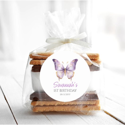 女の子かわいい紫色の蝶1st誕生日パーティー ラウンドシール