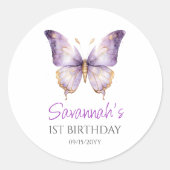女の子かわいい紫色の蝶1st誕生日パーティー ラウンドシール (正面)