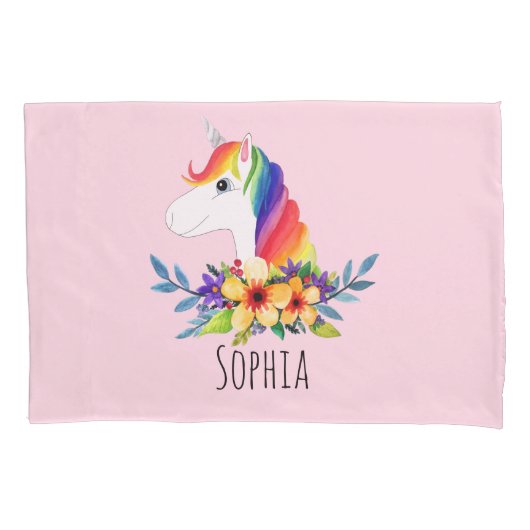 女の子かわいい虹の水色ユニコーン&ネームキッズ 枕カバー (正面左)