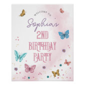女の子かわいい蝶の誕生日パーティー歓迎サイン ポスター (正面)