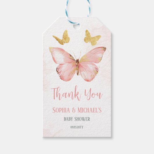 女の子かわいい赤面ピンクバタフライベビーシャワーパーティー ギフトタグ (正面)