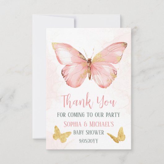 女の子かわいい赤面ピンクバタフライベビーシャワーパーティー サンキューカード (正面)
