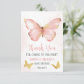 女の子かわいい赤面ピンクバタフライベビーシャワーパーティー サンキューカード (スタンド正面)